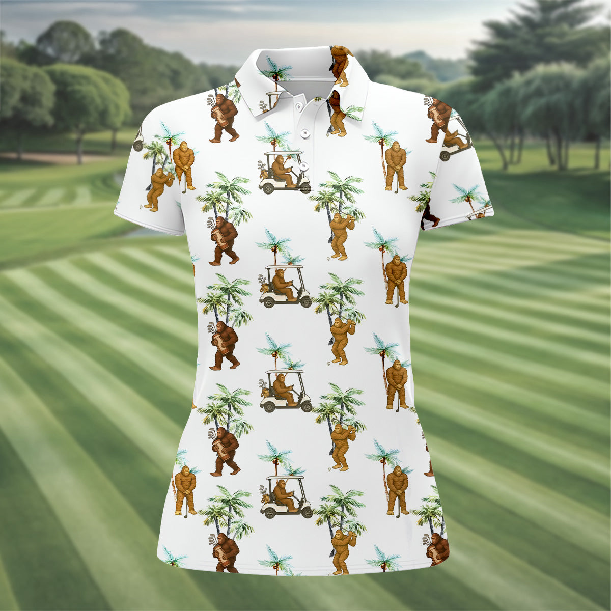 Funny Bigfoot Golf Hawaiian Shirt, Tropical Golf Shirts, Ladies Sleeveless Polo, Golfing Apparel