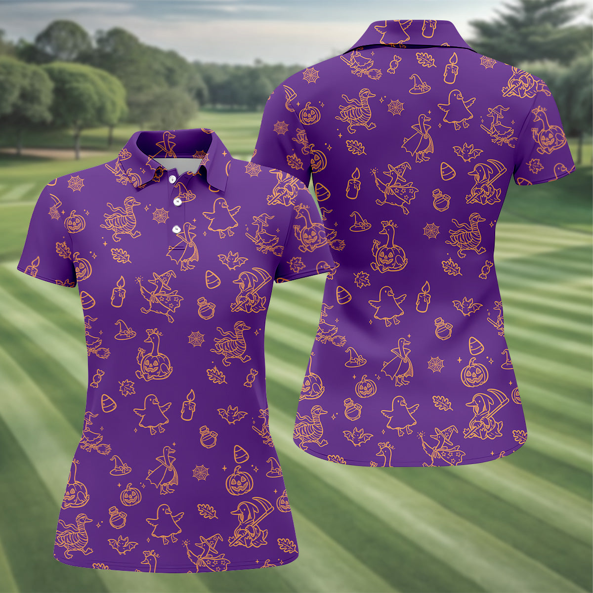 Goose Halloween, Doodle Pattern, Purple Golf Shirt, Sleeveless Womens Golf Shirts, Women Golf Top, Ladies Golf Shirts