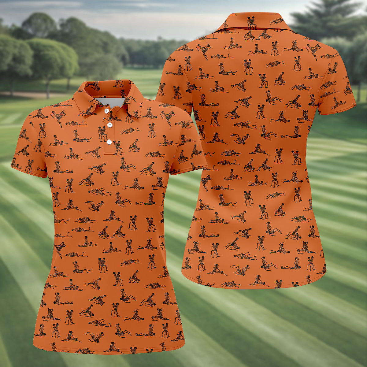 Orange And White Funny Skeleton Couple Golf Shirt, Halloween Gift Idea, Ladies Golf Shirts