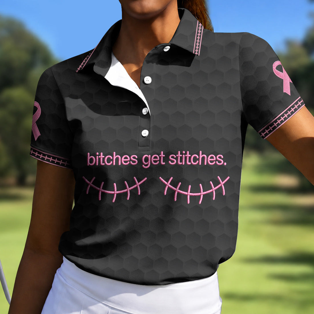 Bitches Get Stitches Breast Cancer Polo Shirt, Ladies Golf Shirt, Women's Golf Tops