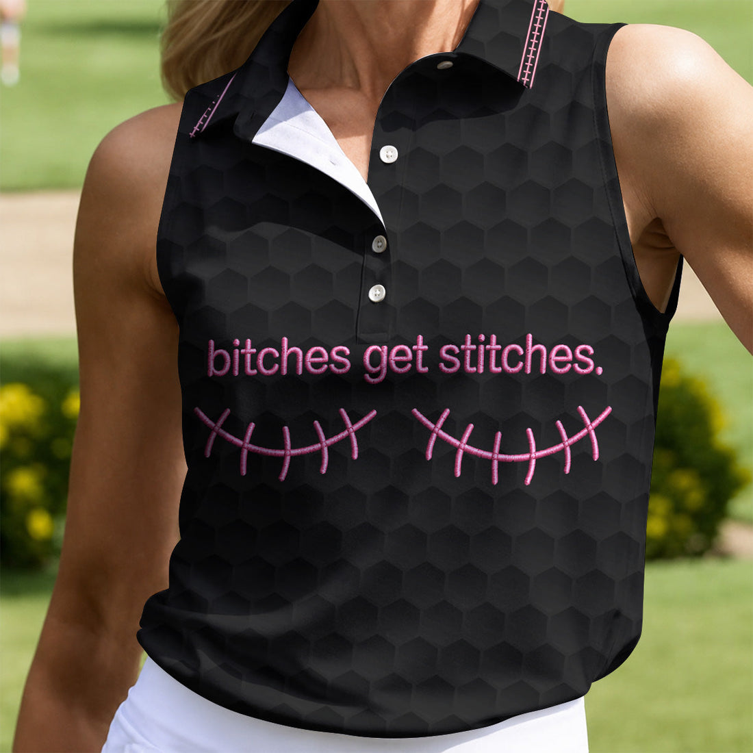 Bitches Get Stitches Breast Cancer Polo Shirt, Ladies Golf Shirt, Women's Golf Tops