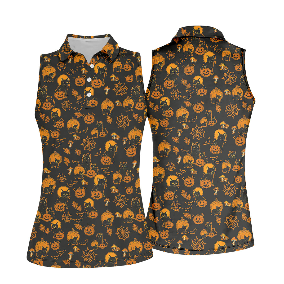 Black Cat Pumpkin Fun Womens Golf Shirts, Sleeveless Polo Shirt, Ladies Golf Shirts, Golf Hoodie