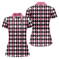 Black Pink Argyle Womens Golf Shirts, Ladies Pink Golf Shirt, Womens Golf Polo Shirts, Golf Gift For Womens