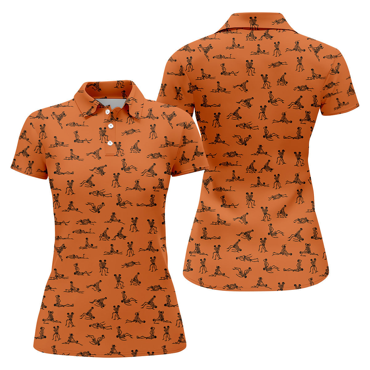 Orange And White Funny Skeleton Couple Golf Shirt, Halloween Gift Idea, Ladies Golf Shirts