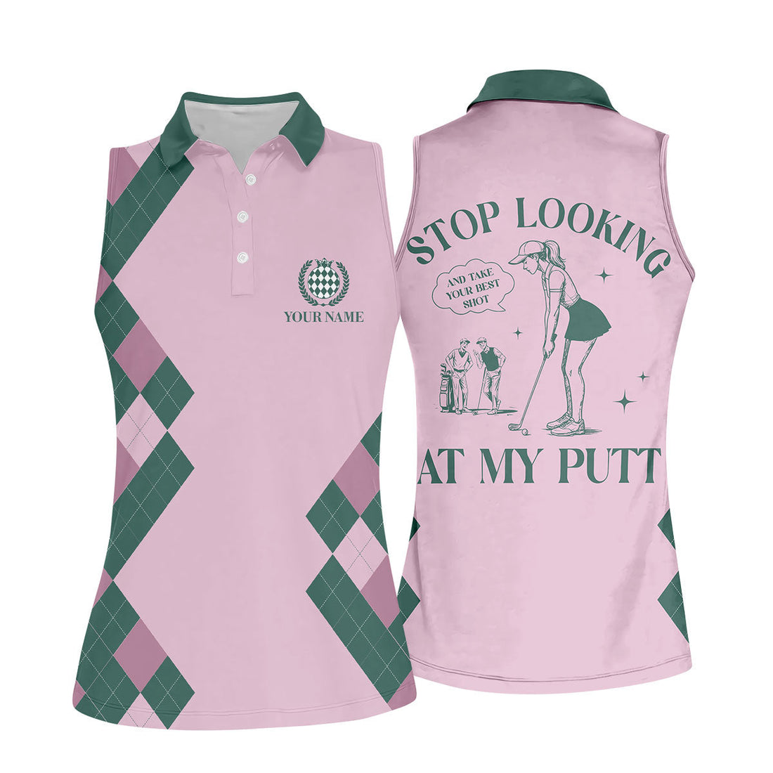 Stop Looking At My Putt Custom Sleeveless Womens Golf Polo Shirts, Funny Golf Shirts For Ladies