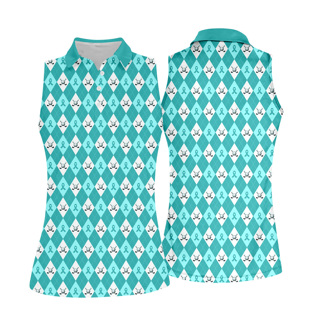 Ovarian Cancer Teal Argyle Womens Golf Shirts, Ovarian Cancer Awareness Shirt, Golf Gift For Womens