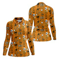 Orange Halloween Cat Golf Polo Shirts, Halloween Theme Shirts, Ladies Golf Shirts, Golfing Apparel