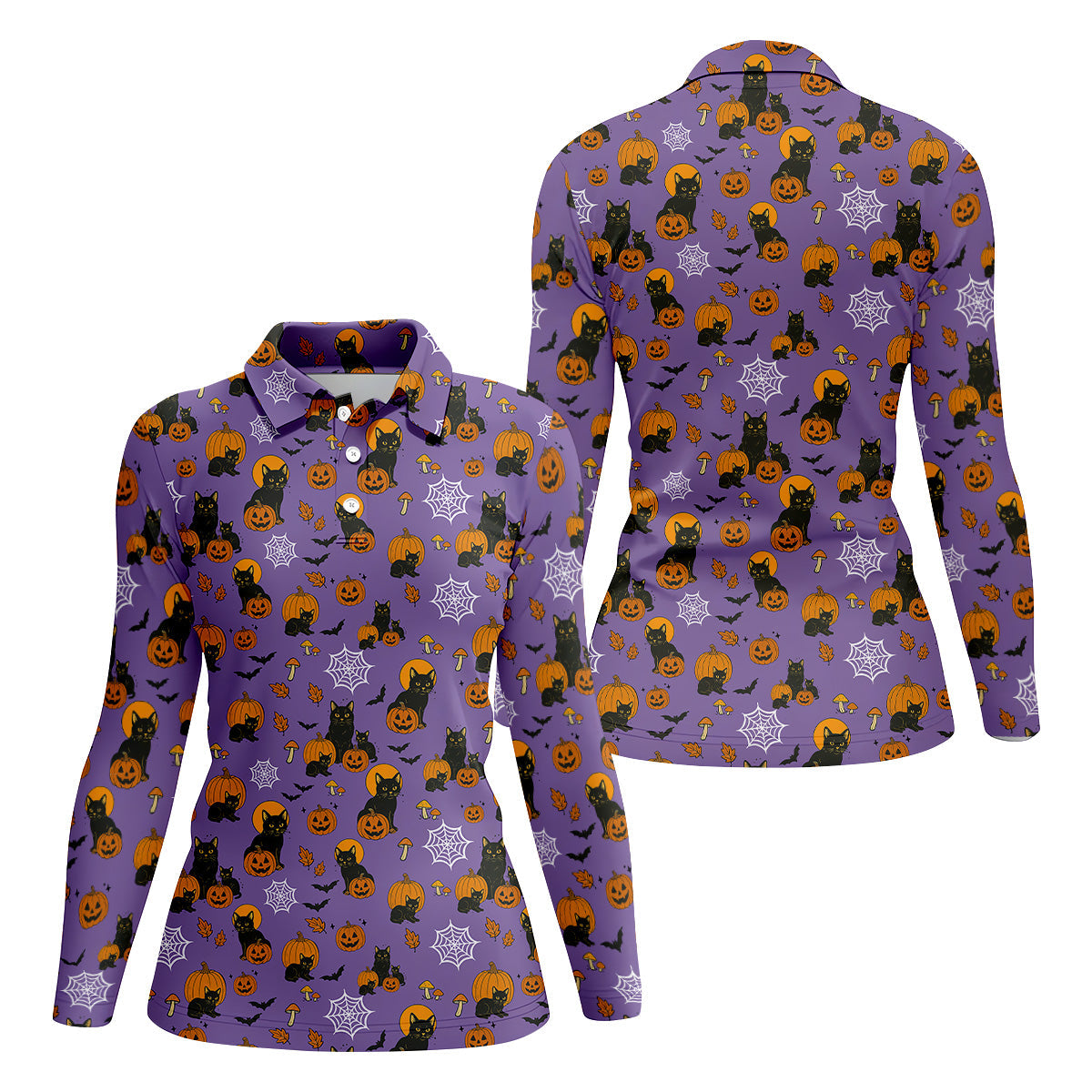 Halloween Cat Pumpkin Purple Golf Shirt, Sleeveless Polo Shirt, Ladies Golf Shirts, Golf Hoodie