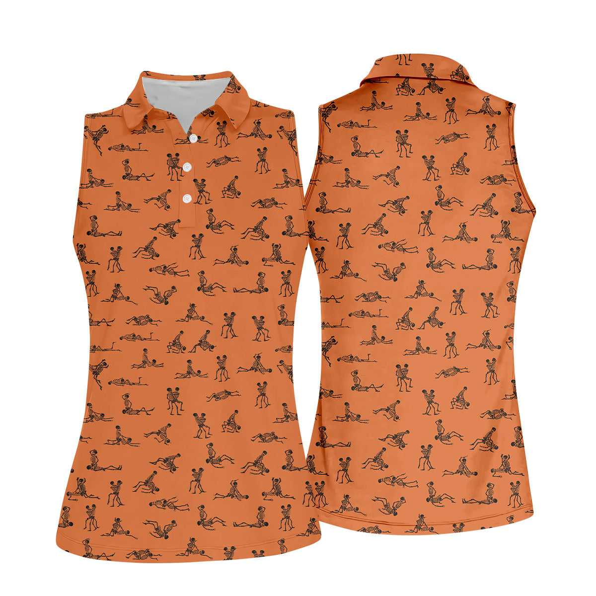 Orange And White Funny Skeleton Couple Golf Shirt, Halloween Gift Idea, Ladies Golf Shirts