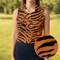 Bold Orange Black Tiger Stripe Animal Print Golf Shirt, Women Golf Shirts, Golf Apparel For Ladies