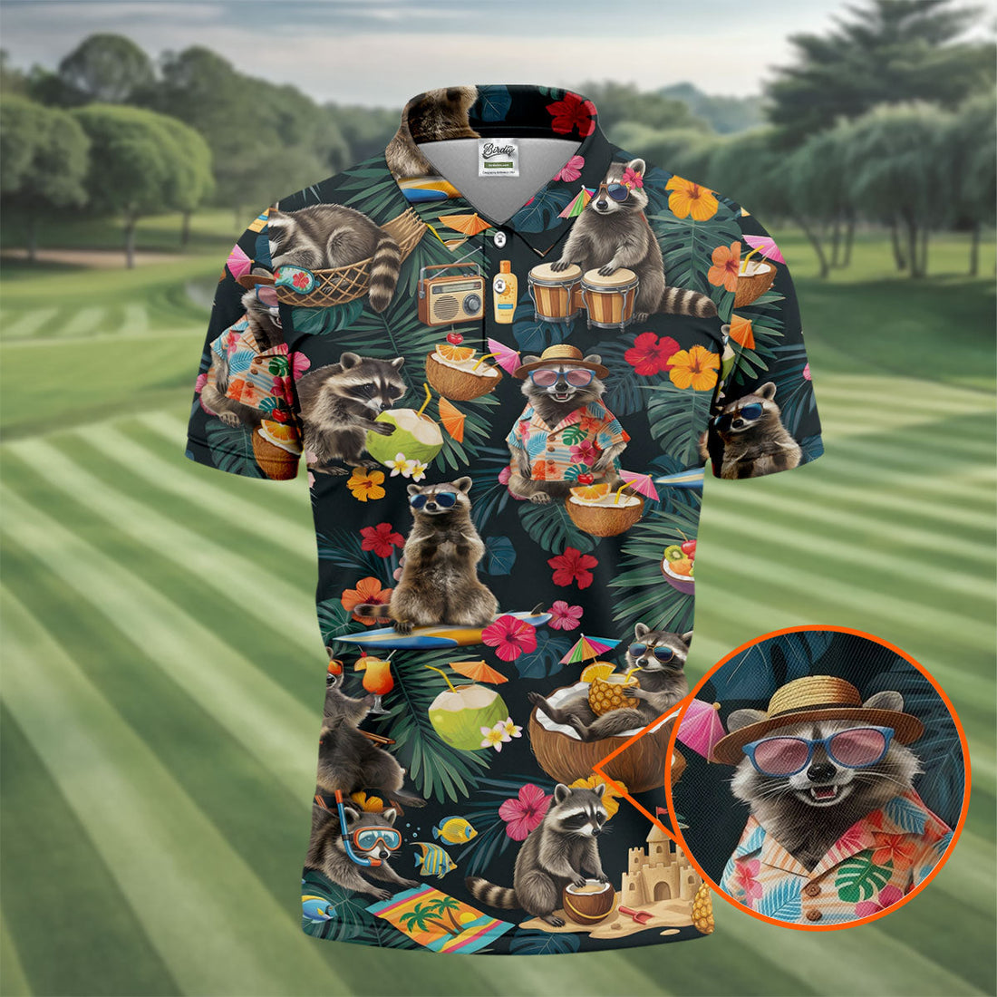 Island Vacation Raccoons with Tropical Florals Design Design Hawaiian Golf Polo, Golf Tops For Men, Golfing Apparel