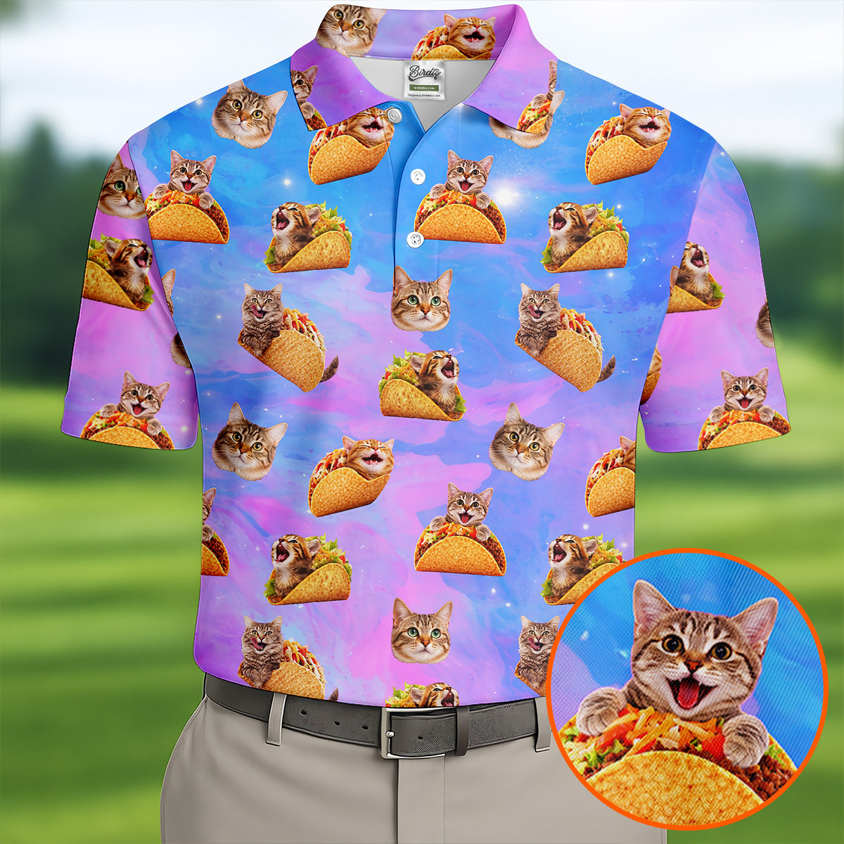 Funny Taco Cat Galaxy Pattern Golf Shirt, Mens Golf Apparel, Polo Shirts For Men