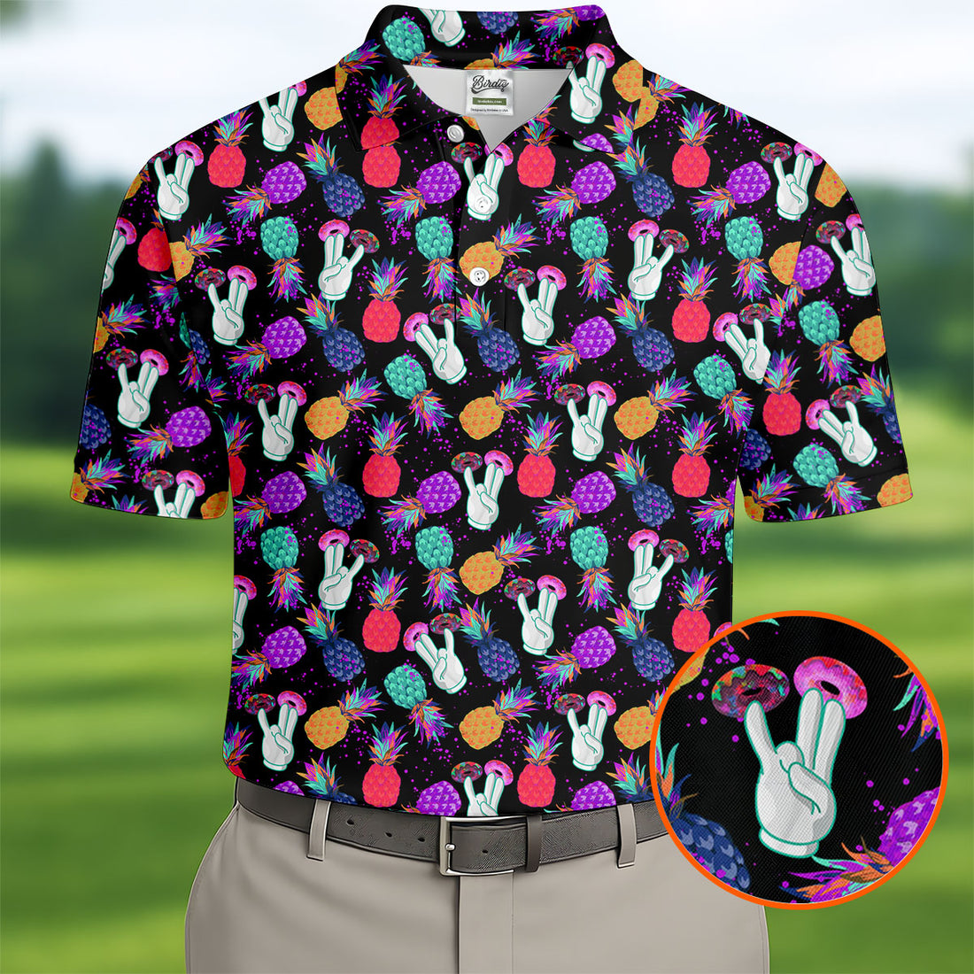 Hawaiian Pineapples Donut Finger Turquoise Orange Purple Fun Golf Shirts For Men, Polo Shirts For Men