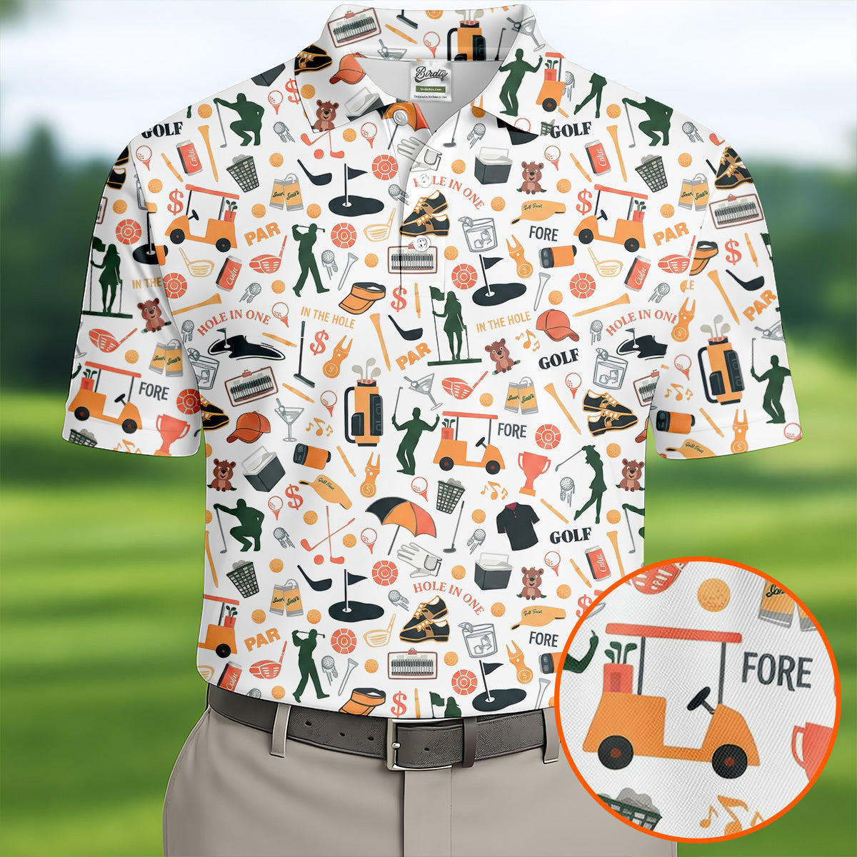 Golf Equipment Cart Ball Pattern Polo Shirt, Mens Golf Polo, Printed Golf Shirts