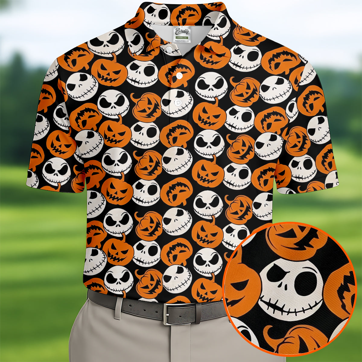 Halloween Skull Pumpkin Pattern Golf Polo Shirt, Men's Golf Shirt, Hawaiian Golf Shirt