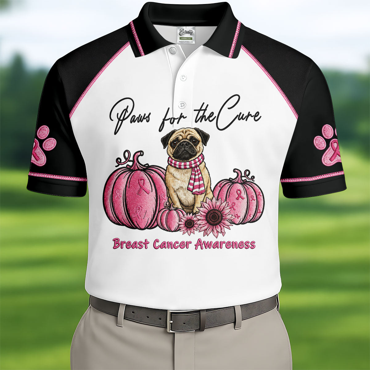 Paws For The Cure Pug Breast Cancer Polo Shirt, Men's Golf Shirt, Mens Golf Apparel