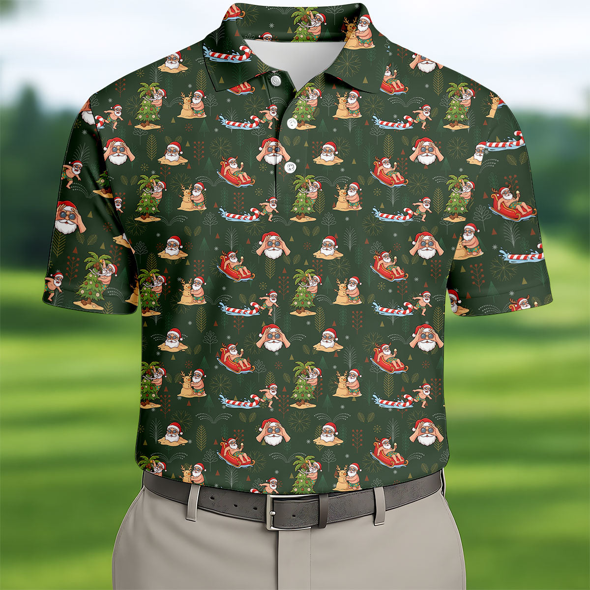 Funny Santa Summer Christmas Pattern Polo Shirt, Mens Golf Polo, Golf Shirts For Men
