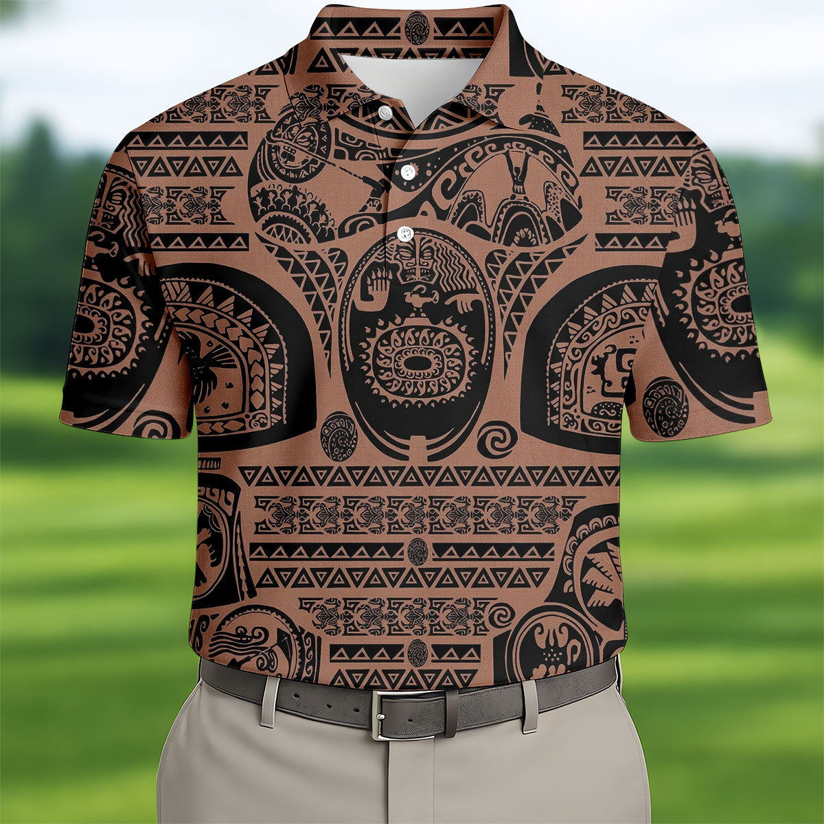Maori Tattoo Pattern with Traditional Tiki Mask Hawaiian Golf Polo, Golf Tops For Men, Golfing Apparel