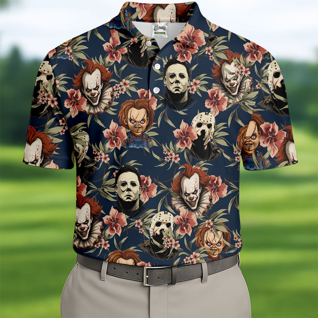 Gothic Floral Clown Doll Mask Hawaiian Polo, Golf Shirt For Men