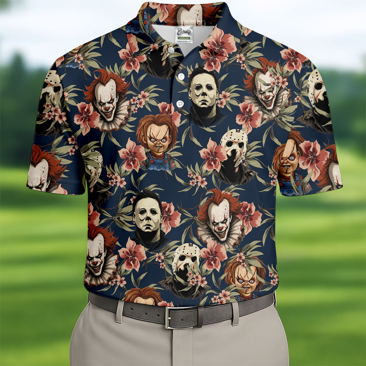 Gothic Floral Clown Doll Mask Hawaiian Polo, Golf Shirt For Men