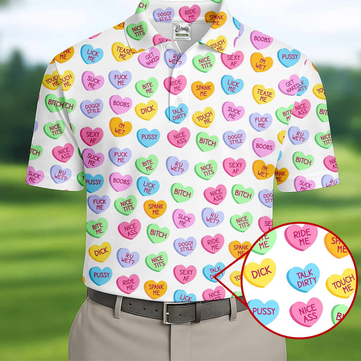 Naughty Conversation Hearts Fun Golf Shirts For Men, Valentines Golf Gift, Dirty Candy Heart Polo Shirts For Men