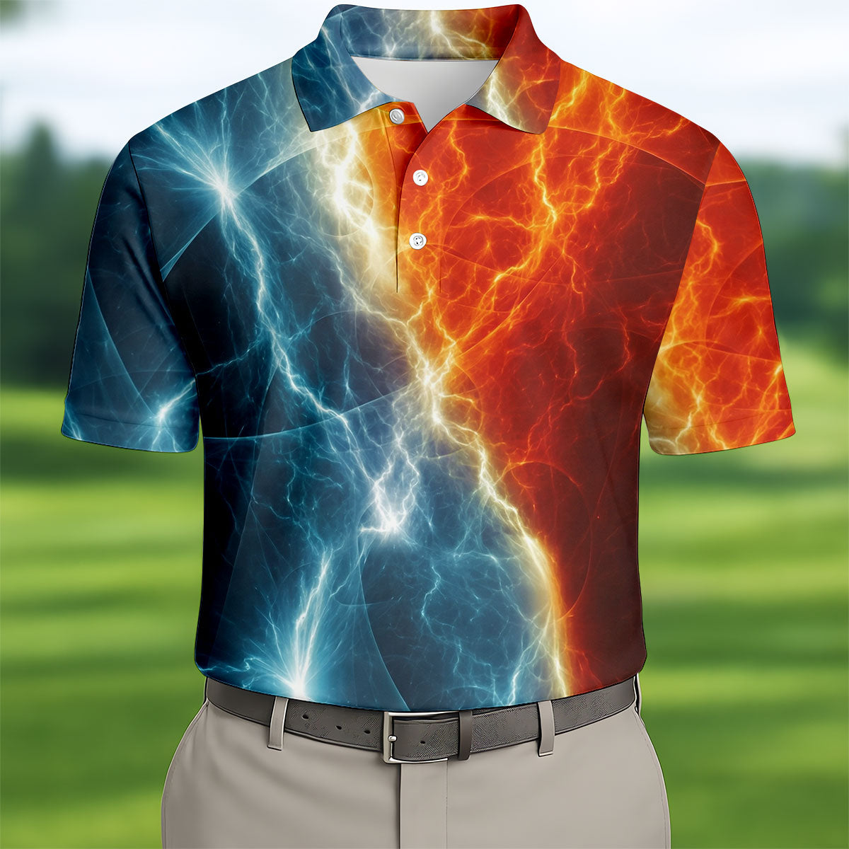 Lightning Fire And Ice Split Golf Polo Shirt, Golf Shirts For Men, Mens Golf Polo