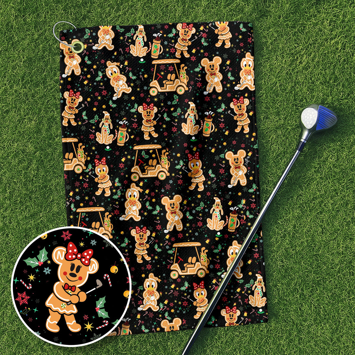 Cartoon Gingerbread Black Golf Towel, Unique Gift For Golfer, Christmas Golf Gift, Golf Accessories