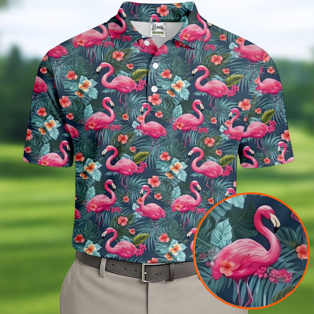Pink Flamingo Tropical Floral Golf Polo Shirt, Hawaiian Golf Shirt, Golf Shirts For Men