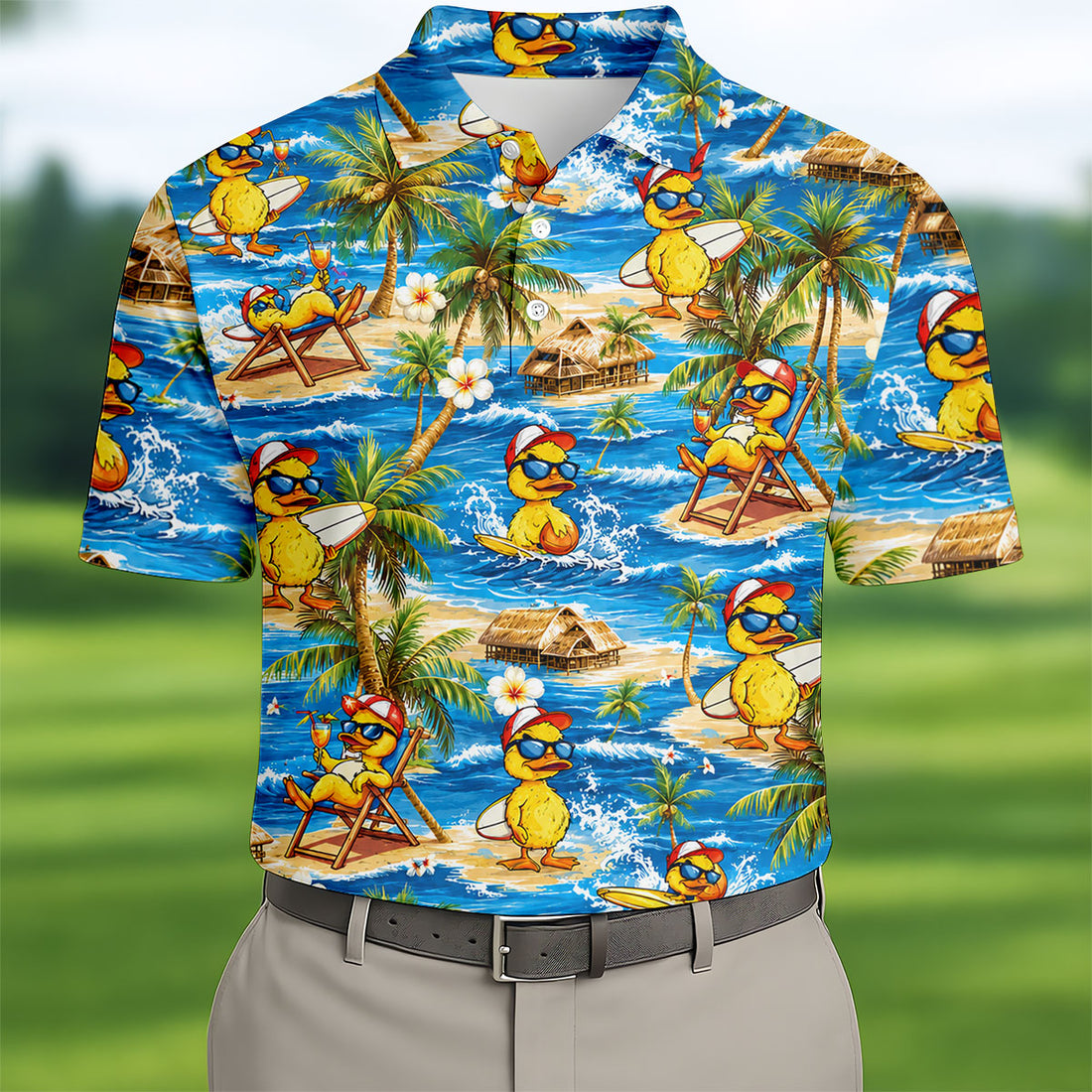 Yellow Rubber Duck Beach Theme Hawaiian Golf Shirt, Men's Golf Shirt, Polo Shirts For Men