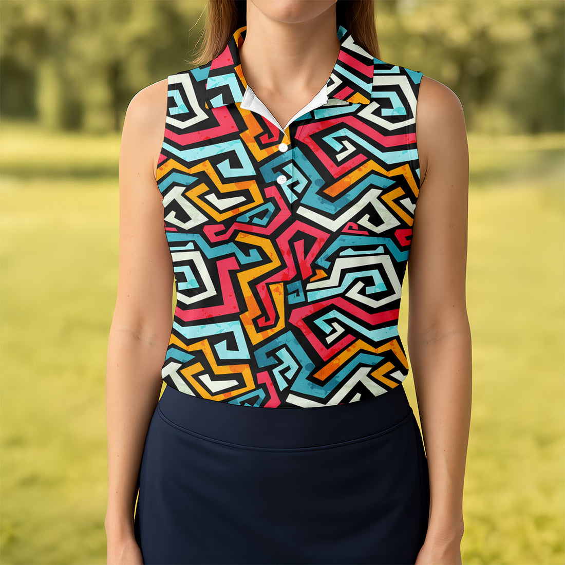 Colorful Geometric Grunge Effect Hawaiian Golf Shirt, Women's Golf Tops, Ladies Golf Shirts