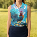 Tropical Floral Beach Scene with Ocean Surf Hawaiian Golf Polo, Golf Tops For Women, Golfing Apparel