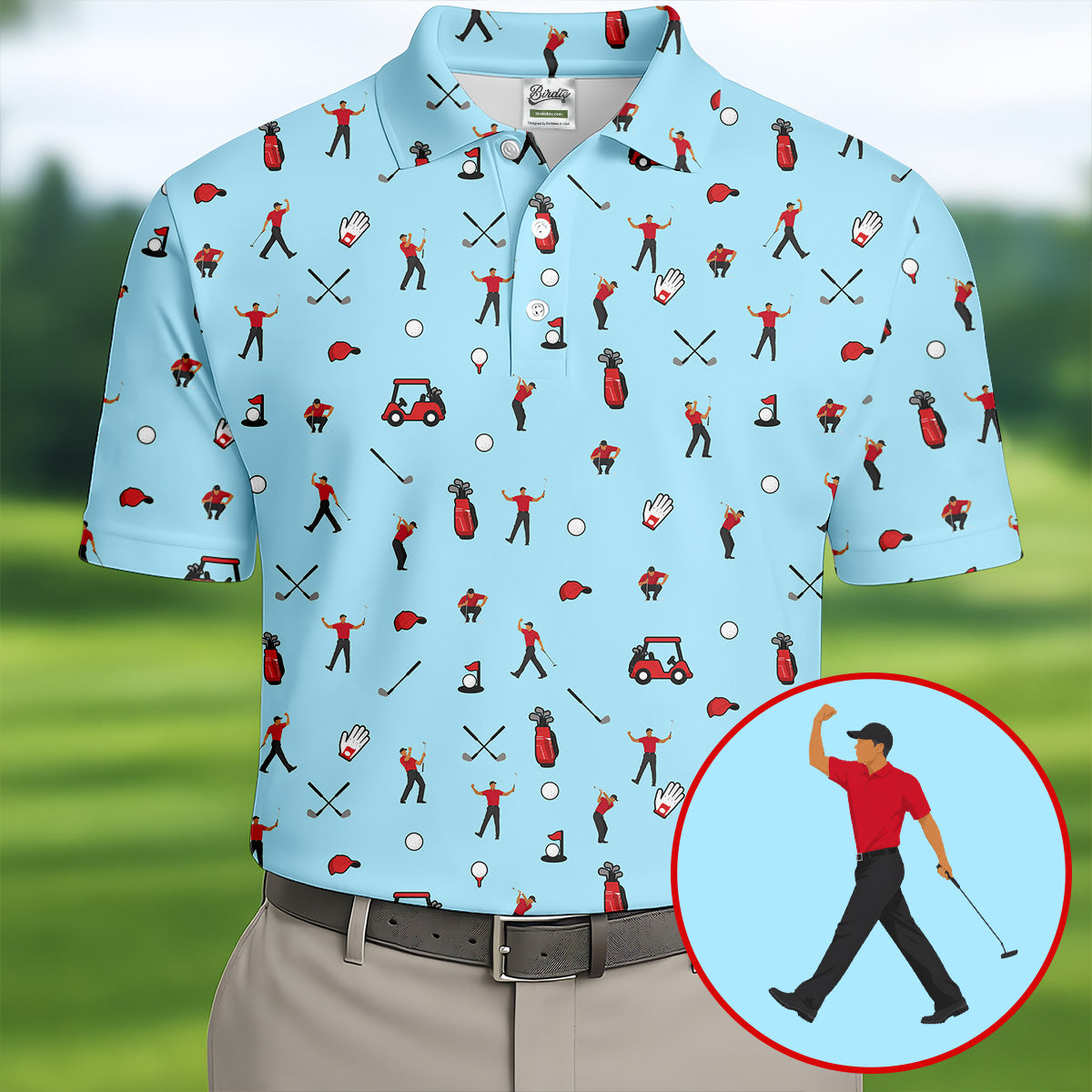 Blue Golf Player Pattern Polo Shirt, Golf Polo Shirts For Men, Printed Golf Shirts