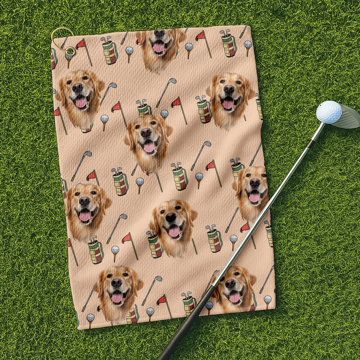 Beige Golf Towel With Custom Pet Portrait, Unique Gift For Golfer, Christmas Golf Gift, Golf Accessories