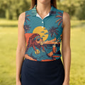 Beach Vibes Lion Sunset Teal Hawaiian Golf Polo, Golf Tops For Women, Golfing Apparel