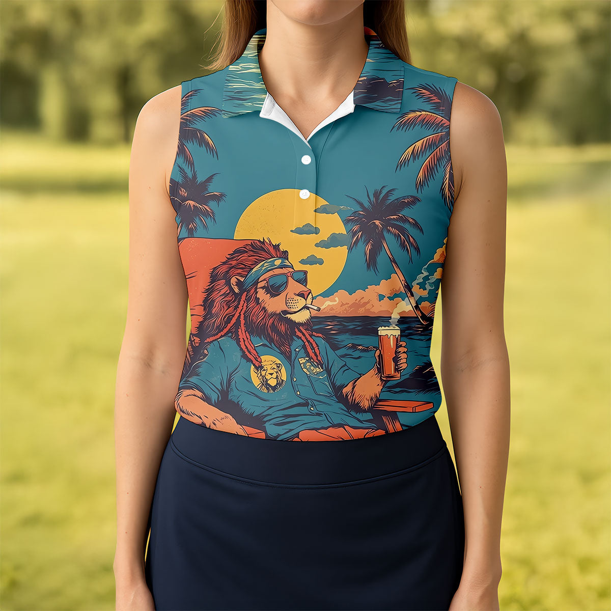 Beach Vibes Lion Sunset Teal Hawaiian Golf Polo, Golf Tops For Women, Golfing Apparel