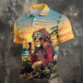 Tropical Lion Sunset Teal Hawaiian Golf Polo, Golf Tops For Men, Golfing Apparel