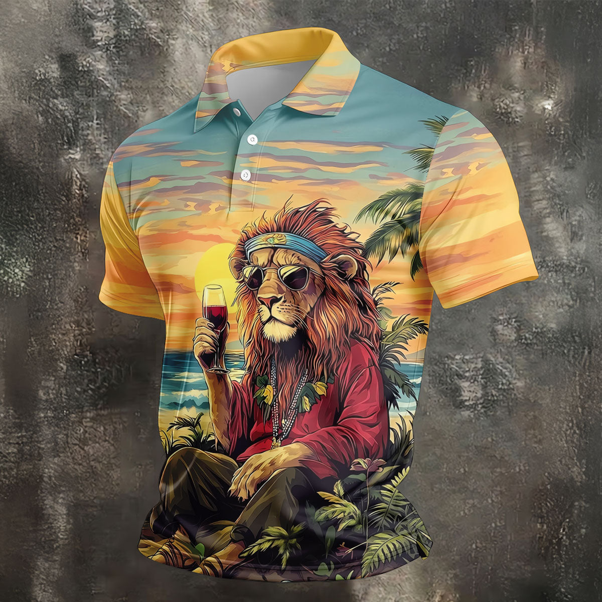 Tropical Lion Sunset Teal Hawaiian Golf Polo, Golf Tops For Men, Golfing Apparel