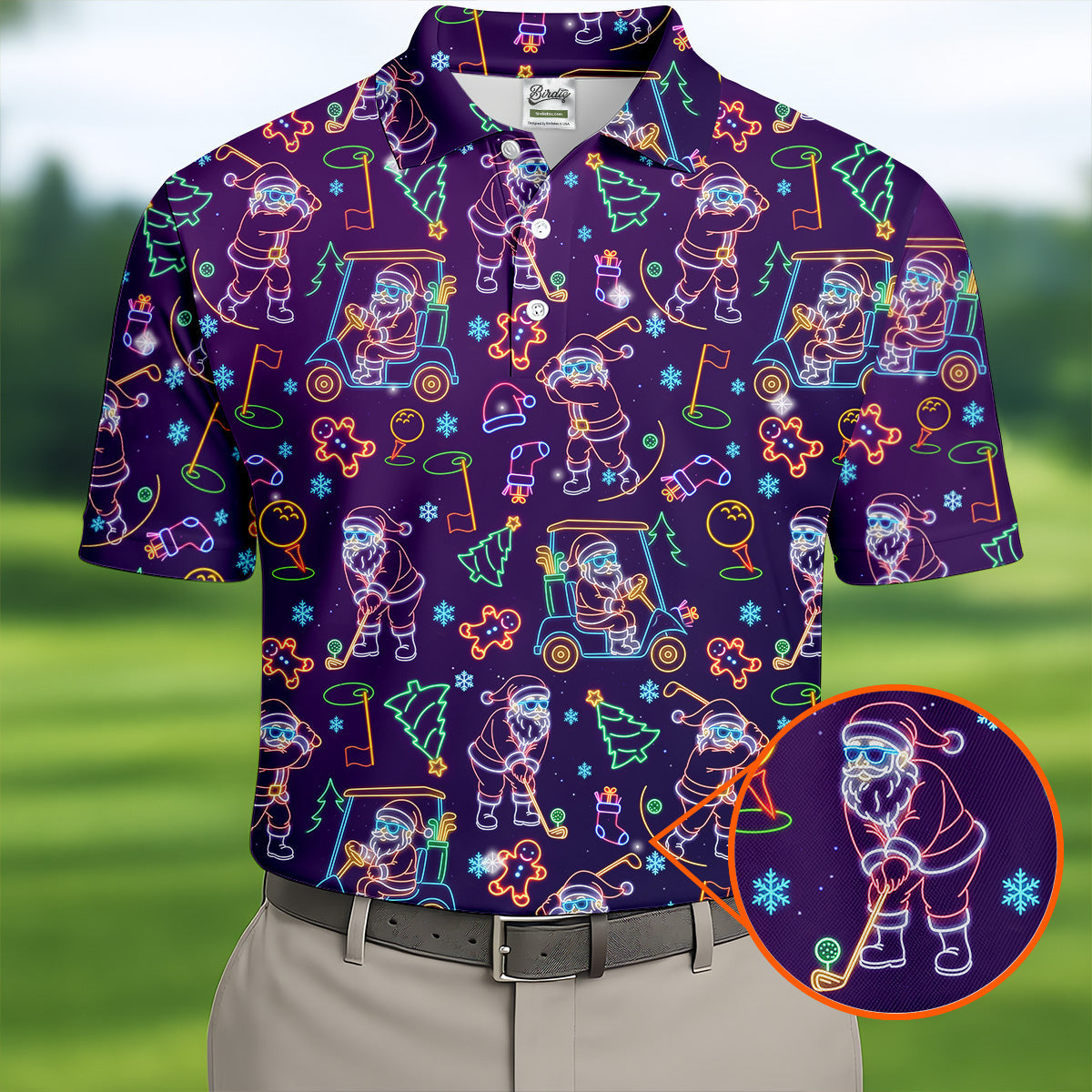 Christmas Neon Santa Golf Pose Men's Funny Golf Tops, Christmas Golf Shirt, Polo Shirts For Men