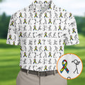 Stick Figure Golf Pose Autism Ribbon White Golf Shirt, Autism Awareness Colors Golf Shirts For Men