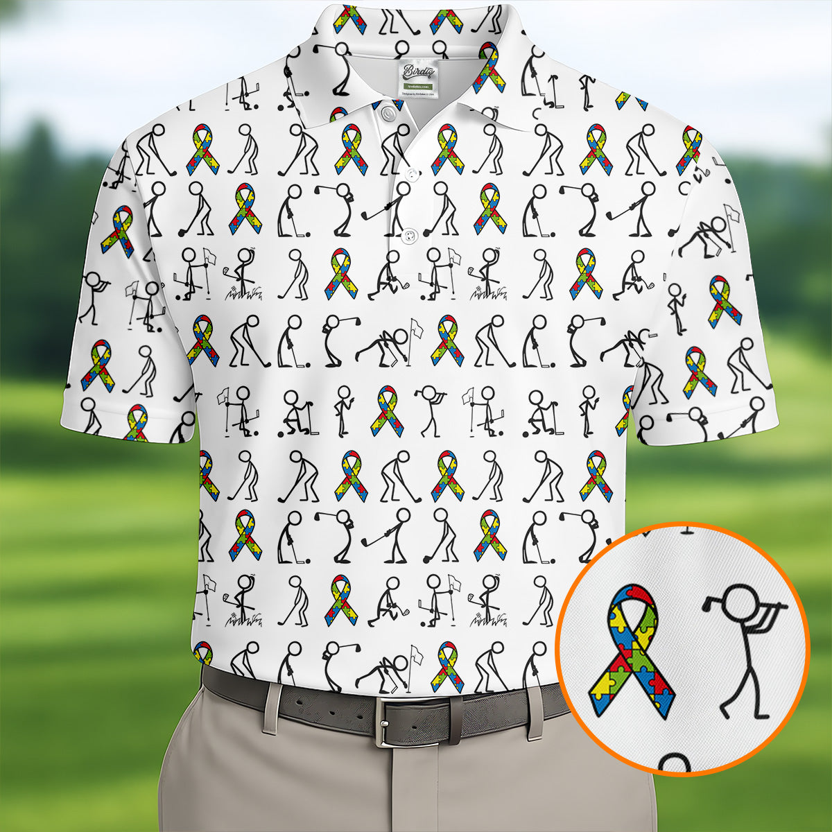 Stick Figure Golf Pose Autism Ribbon White Golf Shirt, Autism Awareness Colors Golf Shirts For Men