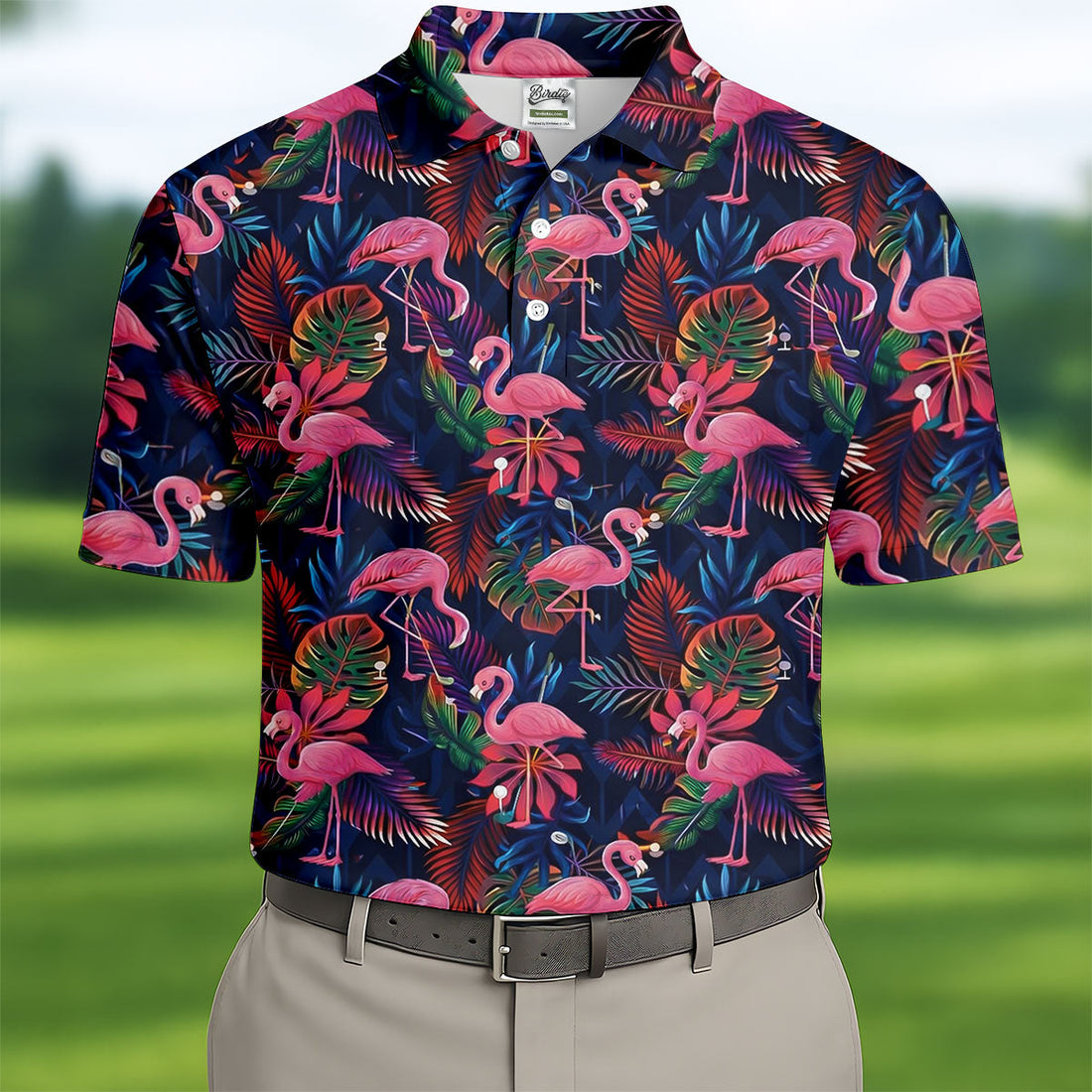 Dark Tropical Pink Flamingo Pattern Golf Shirt, Mens Polo Shirts, Hawaiian Golf Shirt, Printed Golf Shirts