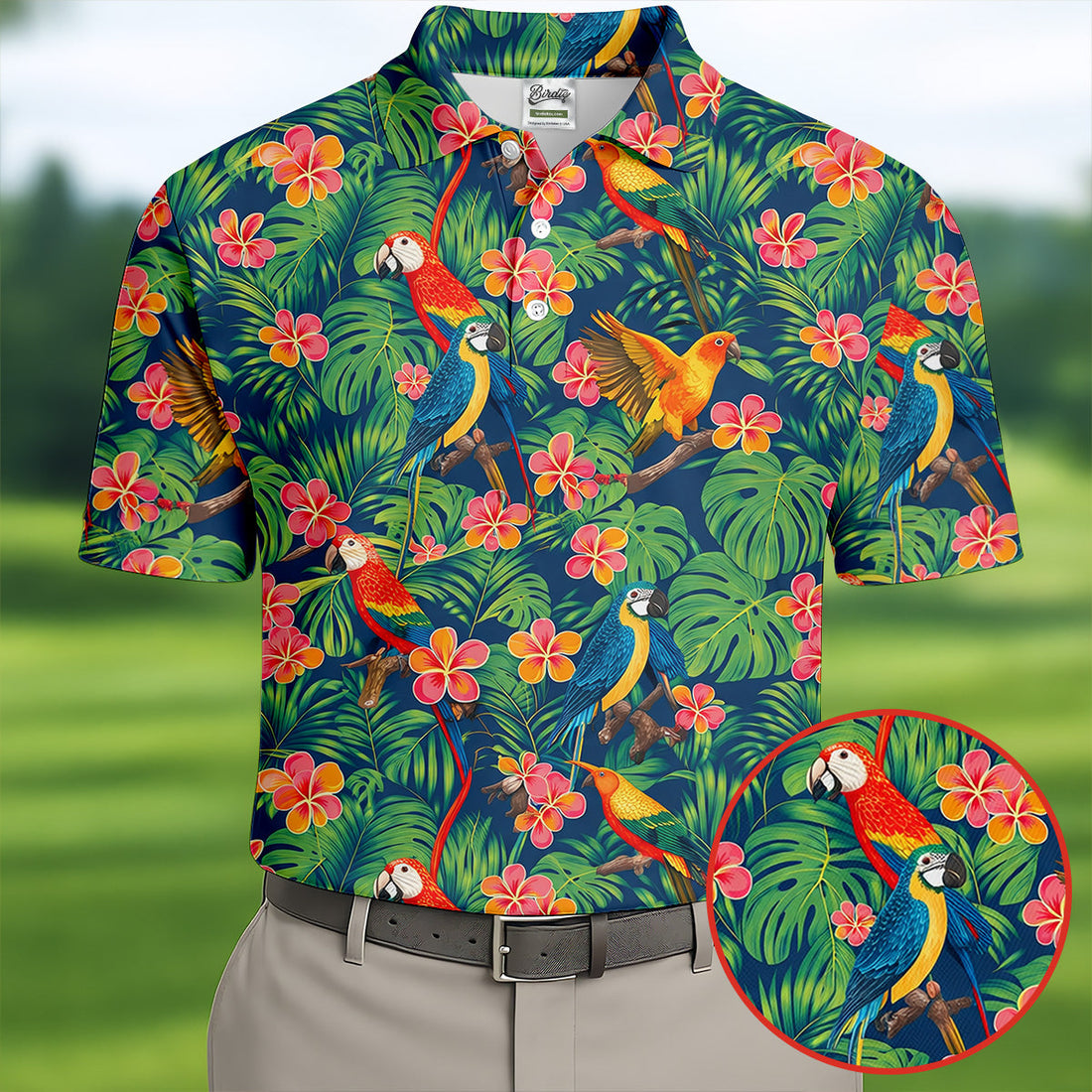Tropical Parrot Jungle with Plumeria Blossoms Design Hawaiian Golf Polo, Golf Tops For Men, Golfing Apparel