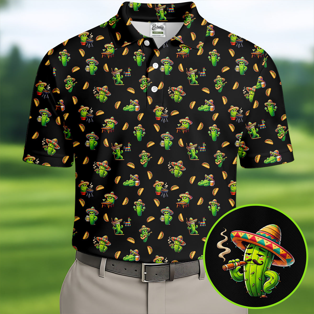 Mexican Mustach Funny Cactus Cinco De Mayo Celebration Fiesta Themed Golf Shirts For Men