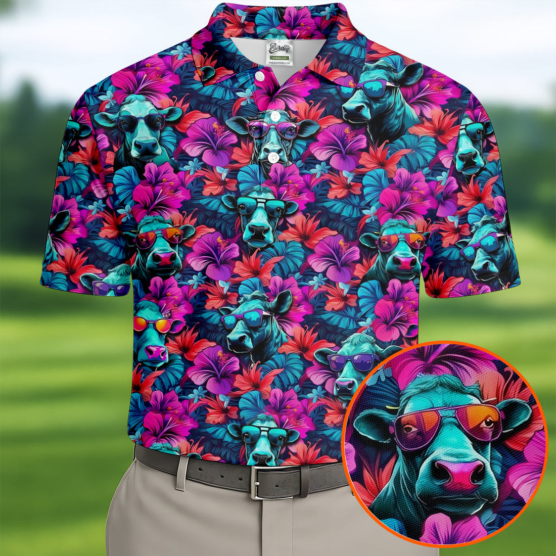 Funny Cow Wearing Sunglasses Tropical Golf Polo Shirt, Hawaiian Golf Shirt, Golf Shirts For Men