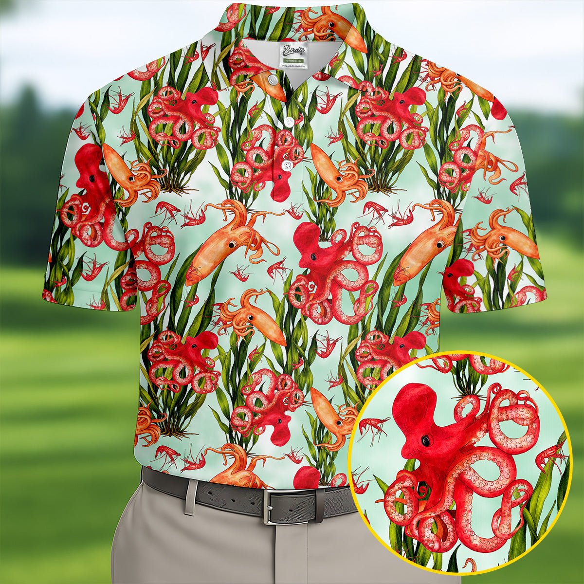 Tropical Cephalopods Among Seaweed  Hawaiian Golf Polo, Golf Tops For Men, Golfing Apparel