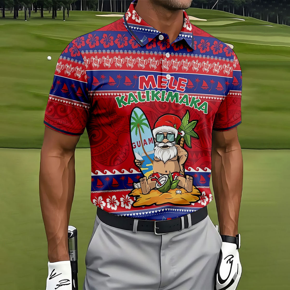 Tropical Santa Mele Kalikimaka Christmas Golf Shirt, Men's Golf Shirt, Hawaiian Golf Shirt, Printed Golf Shirts