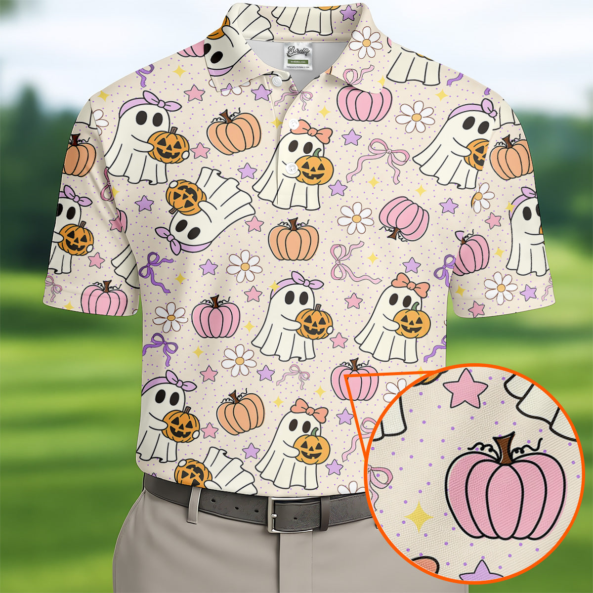 Halloween Seamless Pattern Cute Golf Shirt, Retro Halloween Polo Shirts For Men, Golfing Apparel