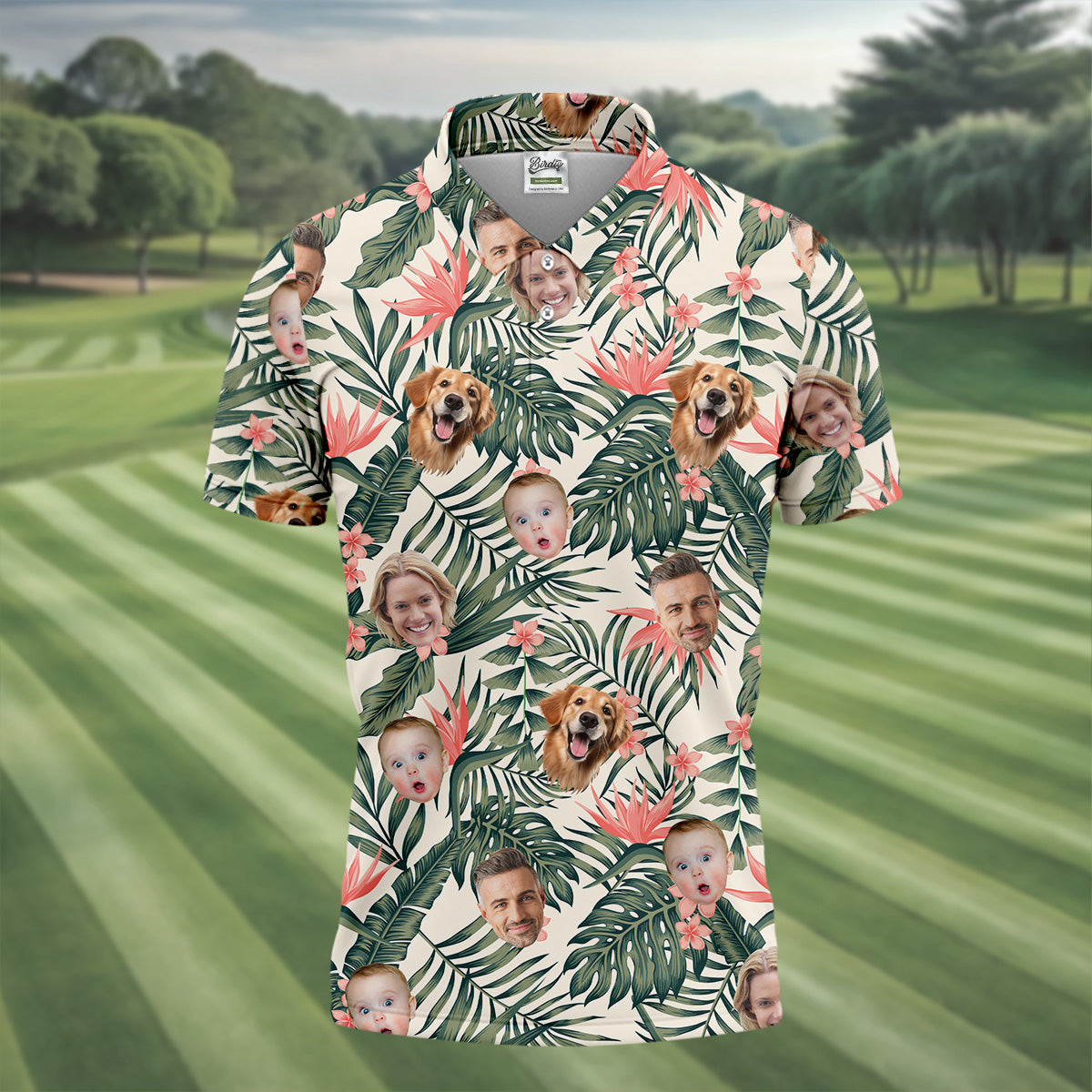 Tropical Floral Pattern Custom Hawaiian Shirts With Face, Men Polo Shirt, Long Sleeve Golf Shirts