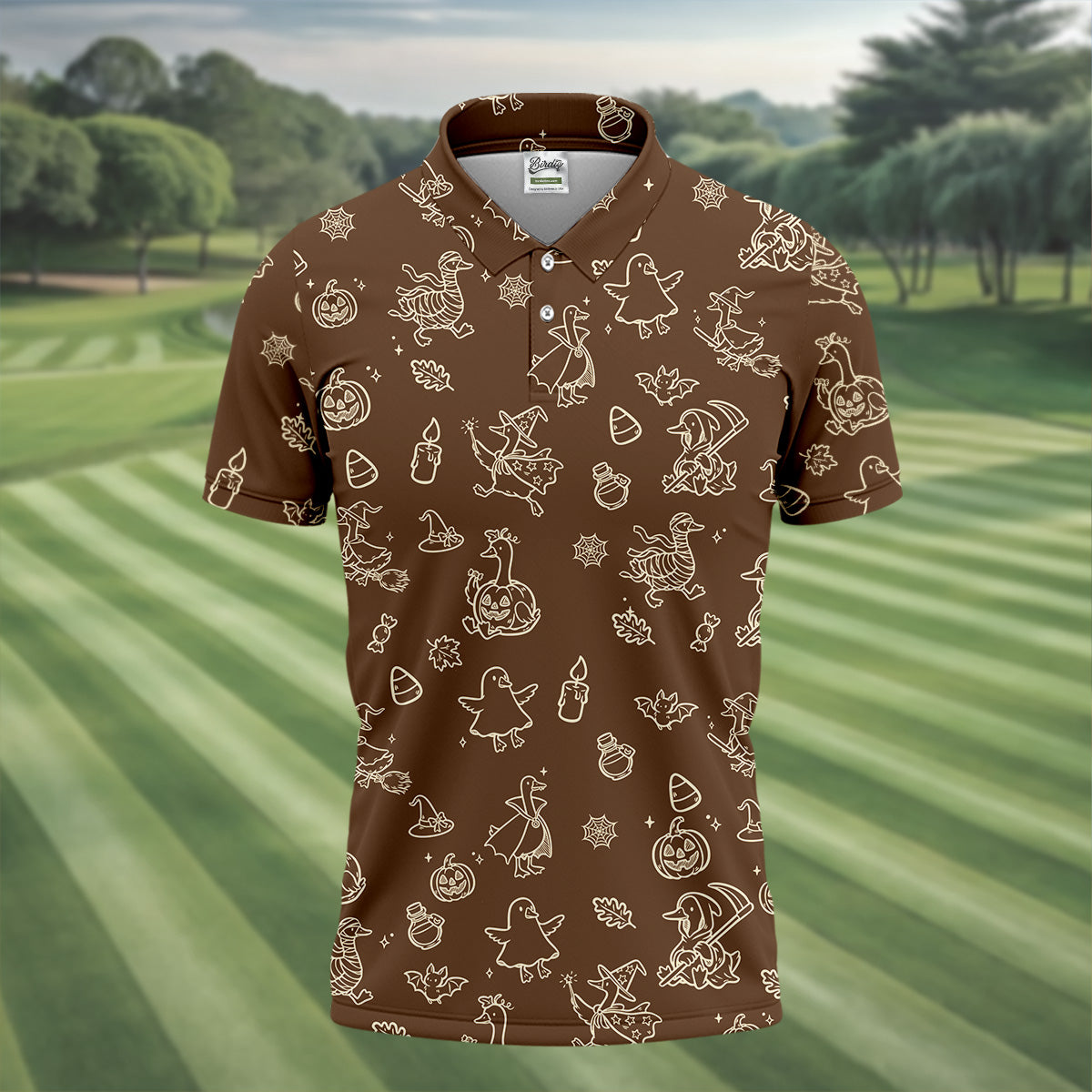 Goose Halloween Golf Shirt, Pumpkin Pattern Golf Shirt, Brown Golf Polo, Long Sleeve Golf Shirts, Men Golf Polo