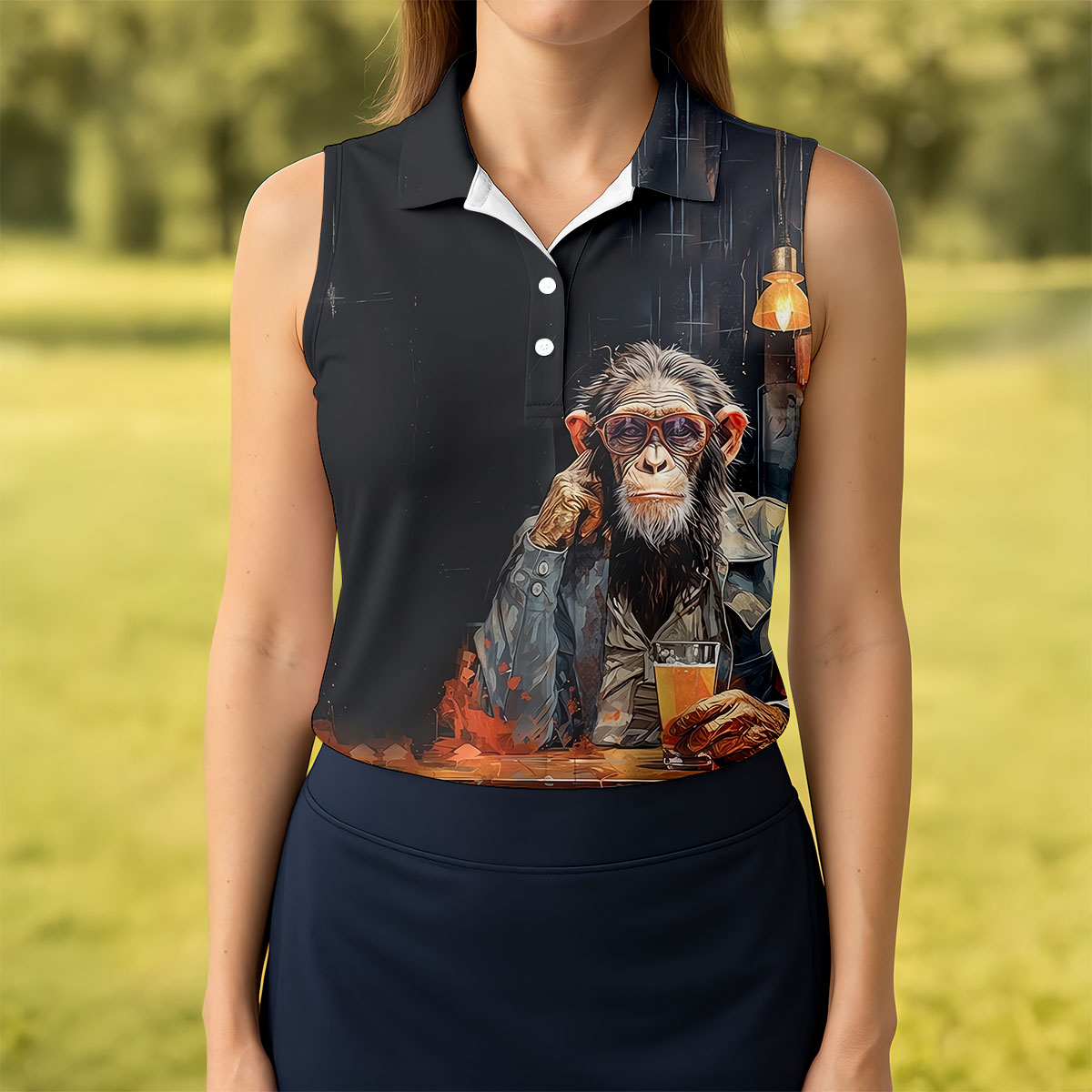 Monkey Gentleman Midnight Amber Hawaiian Golf Shirt, Women's Golf Tops, Ladies Golf Shirts